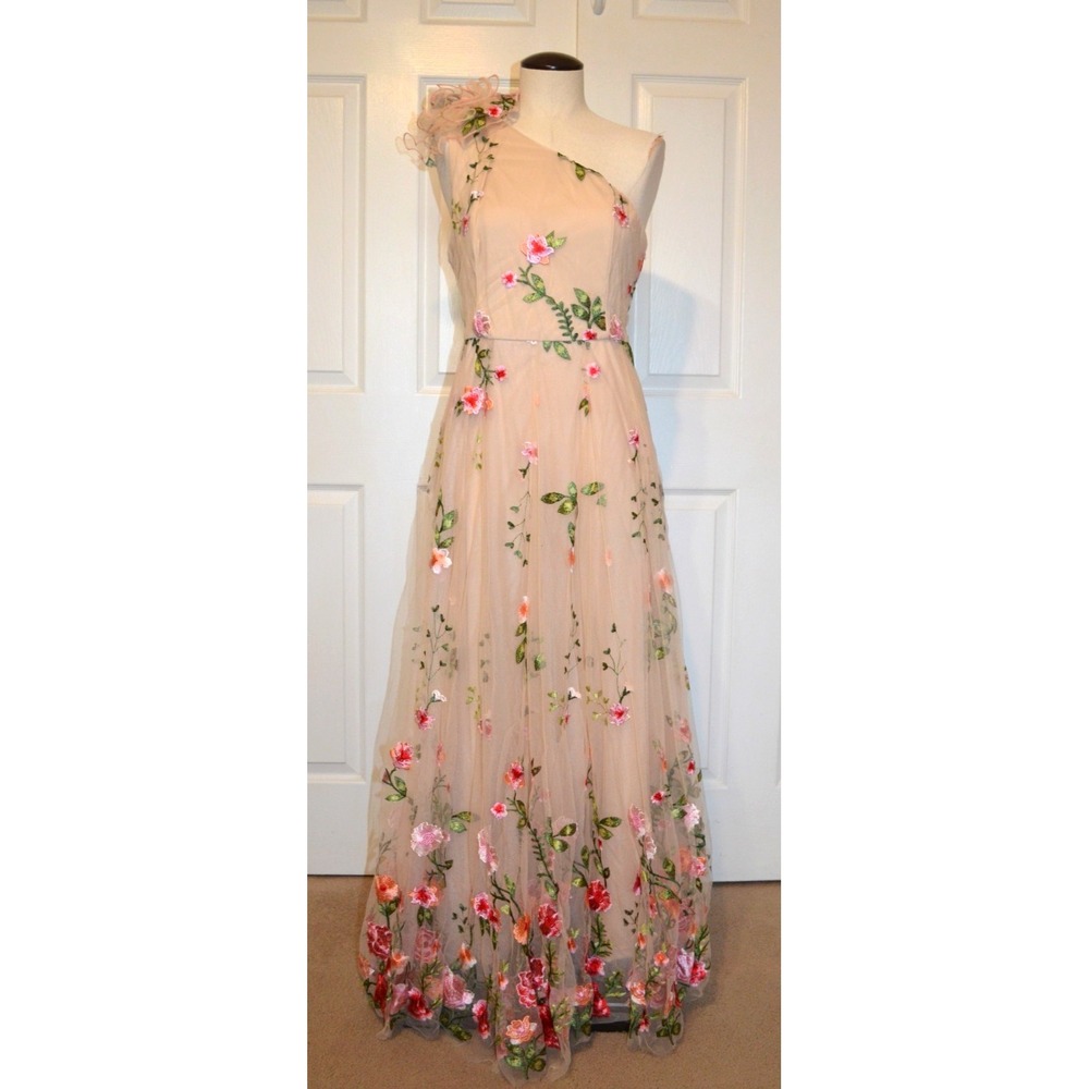 Zeylah Maxi Dress Womens L One Shoulder Embroidered Flowers Semi Sheer Lined Nwt